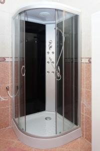 eine Dusche mit Glaskabine im Bad in der Unterkunft Kis Tisza fishing guest house in Tiszaug