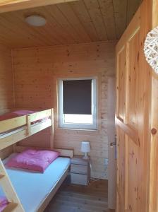 a small room with a bunk bed and a television at Dolina Rusinowa in Rusinowo