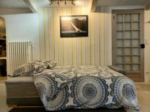 1 dormitorio con 1 cama y una foto en la pared en T2 de charme 55 m² au calme avec terrasse ombragée 40m2, en Carnoules