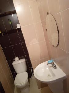 La salle de bains est pourvue de toilettes, d'un lavabo et d'un miroir. dans l'établissement Appartement agadir, à Agadir