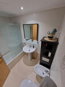 a bathroom with a sink and a toilet and a shower at Piso Al Norte in Treto