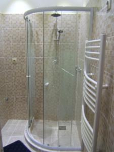a shower with a glass door in a bathroom at BZE Apartment in Budapest