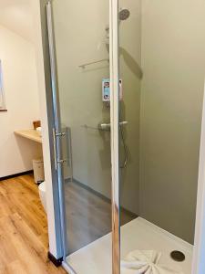 a shower with a glass door in a bathroom at Family Apartments Abuja in Rust