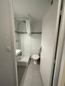a small bathroom with a toilet and a sink at Studio cabine barcares in Le Barcarès +8 photos