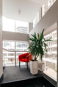 a living room with a red chair and a plant at Arcadia Gold in Odesa