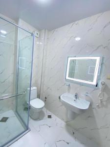 W łazience znajduje się toaleta, umywalka i prysznic. w obiekcie Panorama Bajo Shekvetili w mieście Shekhvetili