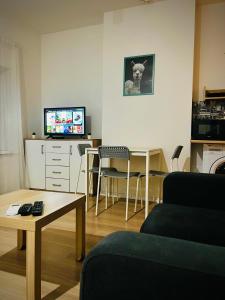 een woonkamer met een bank, een tafel en een tv bij Studio Parys z klimatyzacją i darmowym parkingiem, na parterze - self check in in Opole