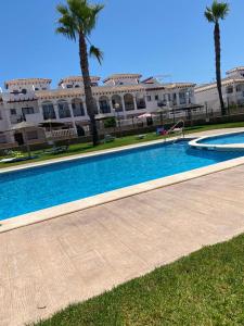 a swimming pool in front of a building with palm trees at Family Apartment in Orihuela
