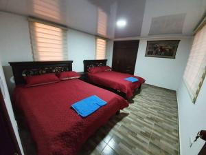 - 2 lits dans une chambre avec des draps rouges et des oreillers bleus dans l'établissement Mirador Casa Blanca Campestre, à Tibasosa