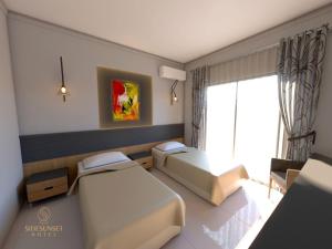 a rendering of a bedroom with two beds and a window at Colaklı Sunset Otel in Side