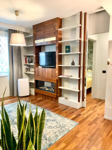ein Wohnzimmer mit einem TV und einer Topfpflanze in der Unterkunft Maison barbuti in Salerno