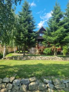 a house with a stone wall in front of a yard at Cabana Haiducului in Soveja