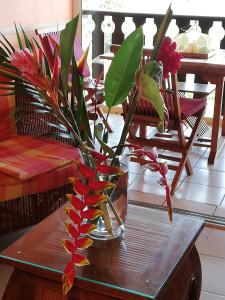 a glass vase with red flowers on a table at Bigouz résidence la plage de l'anse Caritan in Sainte-Anne