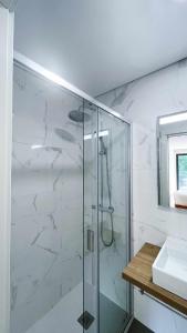 a bathroom with a glass shower and a sink at Apolo71 Alojamentos in Bragança +56 photos