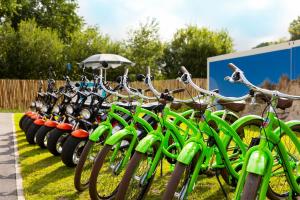 une rangée de vélos verts garés l'un à côté de l'autre dans l'établissement Dormio Resort Berck-sur-Mer, à Berck-sur-Mer