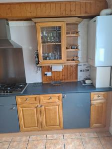 a kitchen with wooden cabinets and a refrigerator at Smarty Angel in Bournemouth