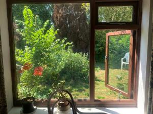 a kitchen window with a view of a garden at Lancresse in Wool +9 photos