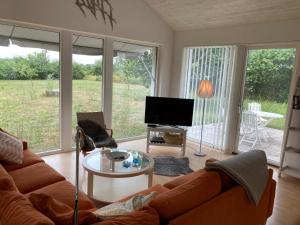 ein Wohnzimmer mit einem Sofa, einem Tisch und einem TV in der Unterkunft Fogelbergs EsE in Tofta