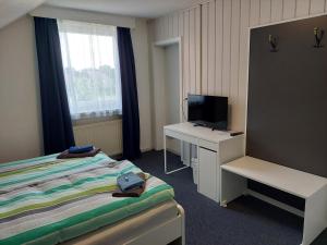 Schlafzimmer mit einem Bett, einem Schreibtisch und einem TV in der Unterkunft Landhaus Luttum in Kirchlinteln