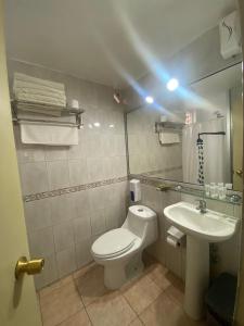 阿里卡的住宿－Cabañas Azapa - Caja Los Andes，浴室配有白色卫生间和盥洗盆。
