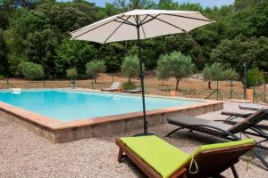 una sombrilla y sillas junto a la piscina en Le mas dans les Oliviers, en Flassans-sur-Issole
