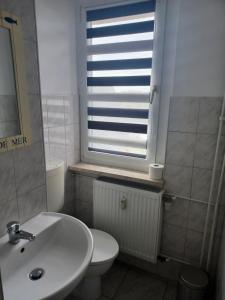 een badkamer met een wastafel, een toilet en een raam bij FeWo s Runde Wiese LL in Greifswald