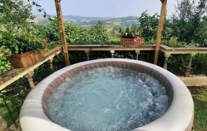 a hot tub with water in it in a garden at Fattoria La Palazzina in Radicofani