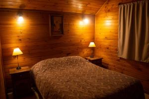a bedroom with wooden walls and a bed with two lamps at Pura Patagonia in Villa La Angostura