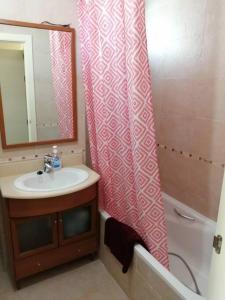 baño con lavabo y cortina de ducha en Amplio apartamento en Sabiñánigo - Las Margas Pirineo Aragones, en Sabiñánigo