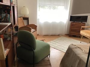 una sala de estar con una silla verde y una ventana en Good Life à Strasbourg en Estrasburgo