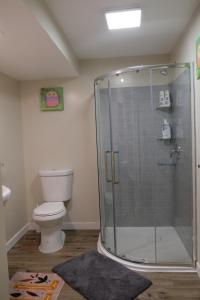 a bathroom with a toilet and a glass shower at Katie in Charlottetown
