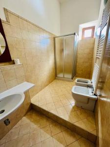 a bathroom with a shower and a toilet and a sink at Regina d’Aragona casa vacanze in Sulmona