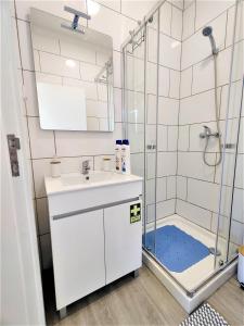 a bathroom with a sink and a shower at Funchal Apartments - New Botanic Garden Petit Studios in Funchal