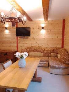 Dom Wypoczynkowy Cieklinka في Dębowiec: غرفة معيشة مع طاولة وأريكة