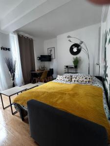 een slaapkamer met een bed met een gele deken bij Appartement centre ville in Fontainebleau
