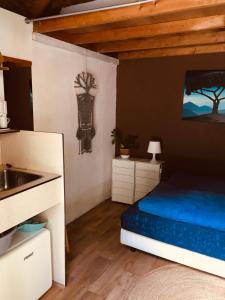 een kleine slaapkamer met een bed en een wastafel bij Basic Lodge in Nature in Schagerbrug