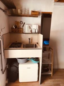 een kleine keuken met een wastafel en een fornuis bij Basic Lodge in Nature in Schagerbrug