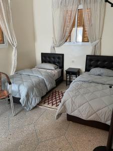 1 dormitorio con 2 camas y ventana en Hôtel Titrit en Tafraoute