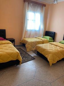 2 camas en una habitación con ventana en Hôtel Titrit en Tafraoute