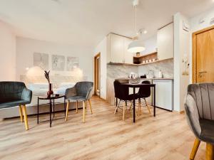 a kitchen and living room with a table and chairs at Apart-Hotels-Sofia, AHS in Sofia
