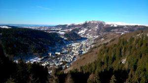 - une vue sur une ville au milieu d'une montagne dans l'établissement Résidence Le Castel Médicis, à Le Mont-Dore