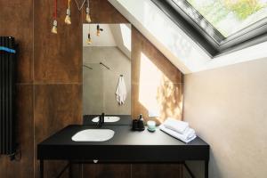 a bathroom with a sink and a mirror at Między Drzewami in Olsztyn +40 photos