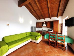 un soggiorno con divano verde e una cucina di CASA NICCA a Oleggio