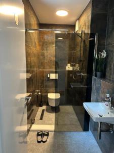 ein Bad mit einem Waschbecken, einem WC und einer Dusche in der Unterkunft Ferienwohnung in Center of Hamburg-Barmbek-Airport-2 in Hamburg