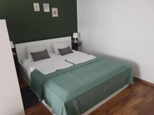 a bedroom with a large bed with a green wall at Apartma Thermos in Krapinske Toplice