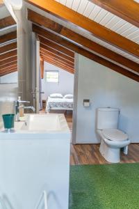 a bathroom with a toilet and a sink and a bed at Villa au calme avec Jacuzzi, Villa Le Boursoie in Les Abymes