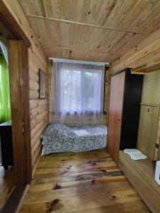 1 dormitorio en una cabaña de madera con 1 cama en una ventana en База відпочинку Діана, en Szack