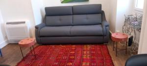 uma sala de estar com um sofá e um tapete vermelho em Gîte "Chez elles" à Arnac-Pompadour em Arnac-Pompadour