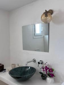 a bathroom with a green sink and a mirror at suite diminutif 2 in Adamas