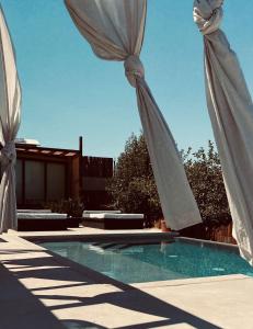 a swimming pool with two white umbrellas next to it at Casa Michaus Valle de Guadalupe in Valle de Guadalupe